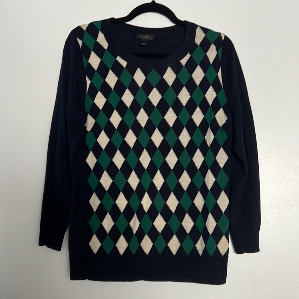 J. Crew Navy, Green, and Cream Argyle Sweater, Large
